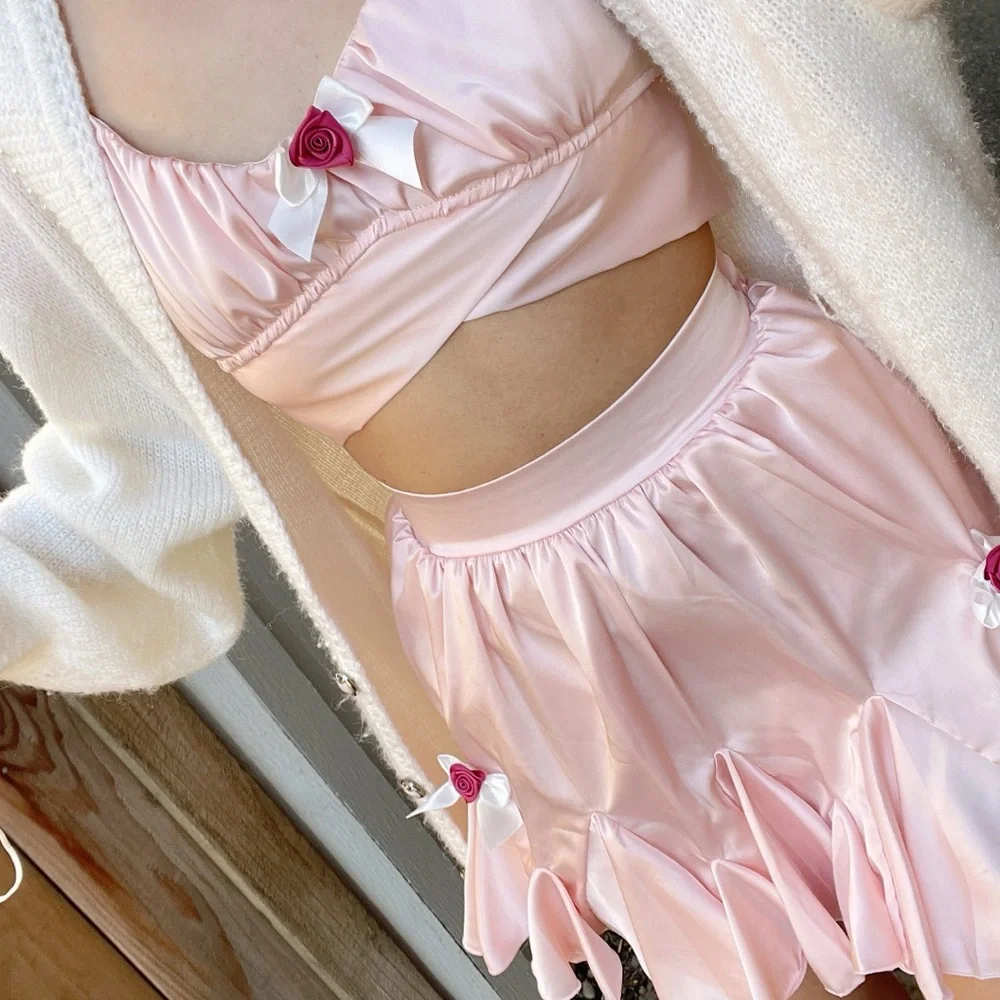 Sugarthrillz satin pastel pink lace and rosette crop top and skirt set